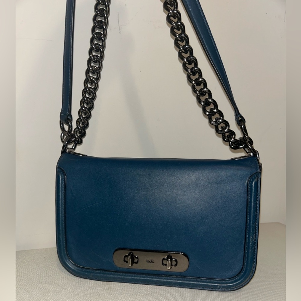 Coach Navy Leather Chain Shoulder Bag - Picture 3 of 11